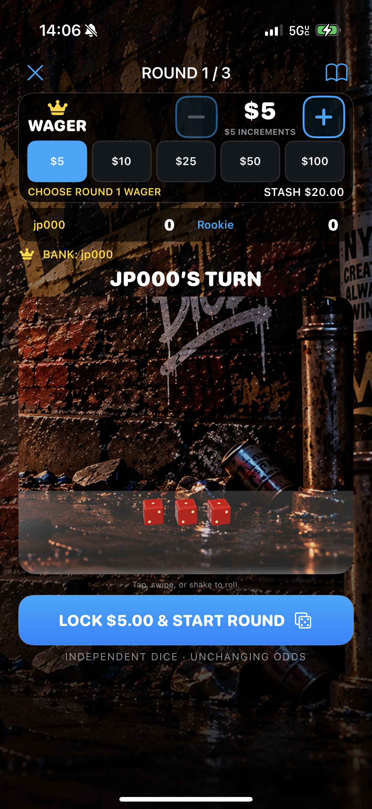 Ceelo New York gameplay screen showing a five-dollar wager and dice table