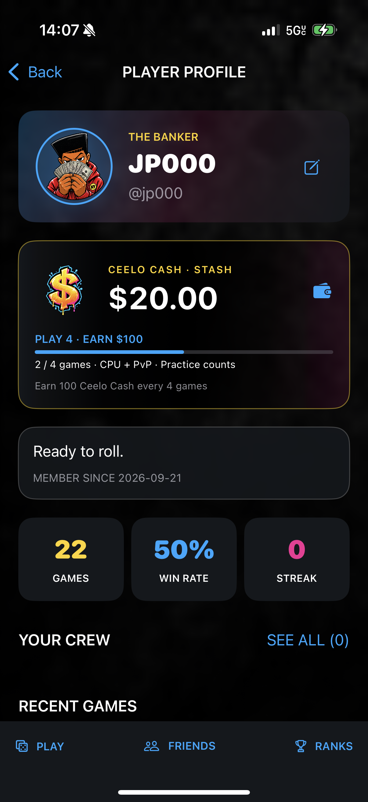 Ceelo New York player profile showing Ceelo Cash wallet, progress, and stats